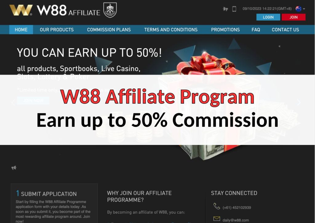 W88 affiliate programme in Australia to promote W88 betting company and win 50% revenue share of active players you bring to W88